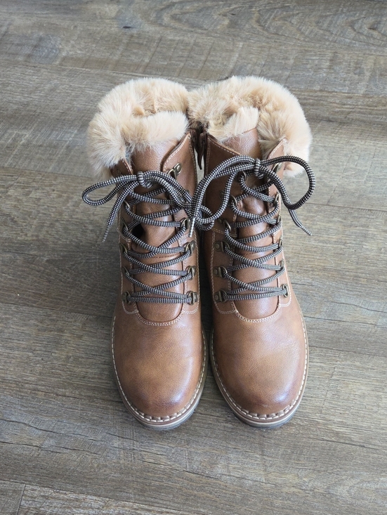 Extreme By Eddie Marc Shoes - Women's Brown Lace-Up Faux Fur Trim Boots